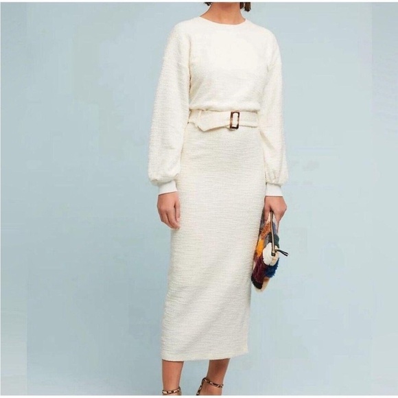 Elegant Cream Belted Midi Dress Anthropologie - Picture 1 of 2